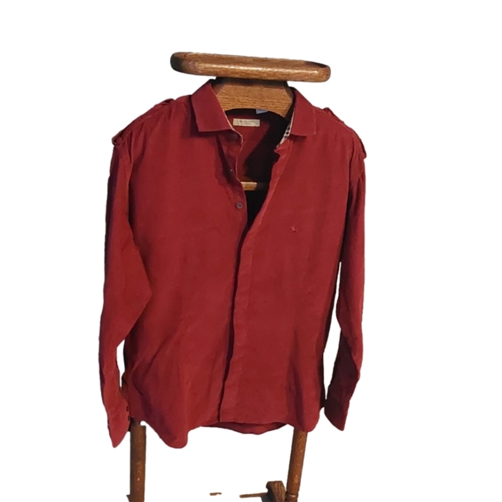 BURBERRY MEN'S CASUAL BUTTONS DOWN CORDUROY BURGUNDY SHIRT SIZE XL(46_48).